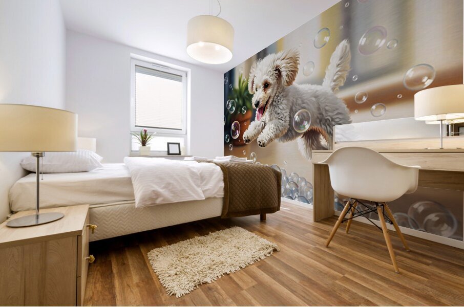 Poodle Puppy Discovers Bath Bubbles Mural print