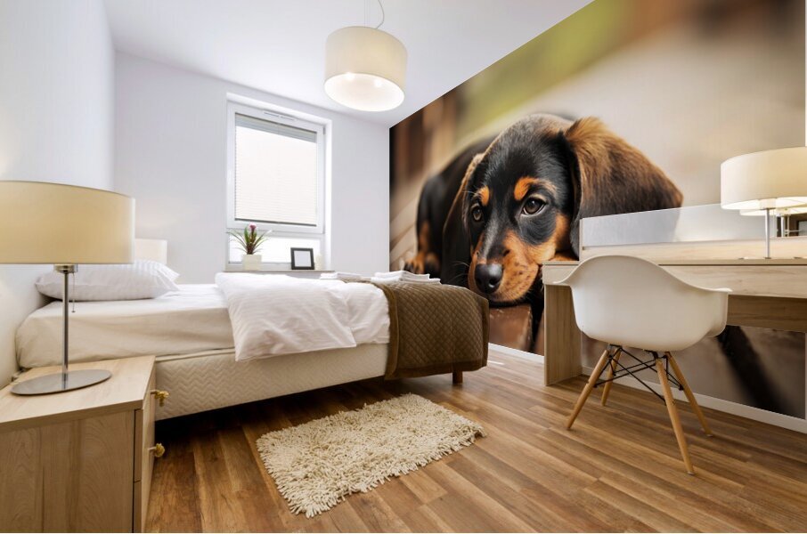 Happy Dachshund Puppy As Storm Clears With Rainbow Mural print