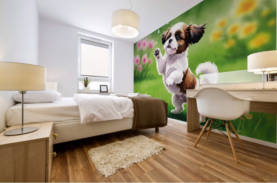Shih Tzu Puppy Discovers Falling Raindrops In Garden Mural print