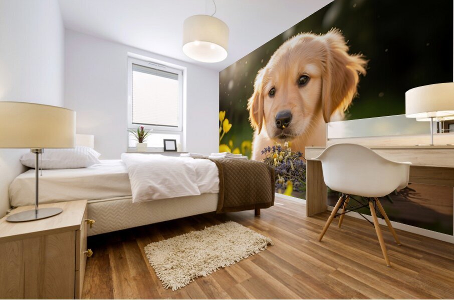 Golden Retriever Puppy Discovers Herb Pile Mural print