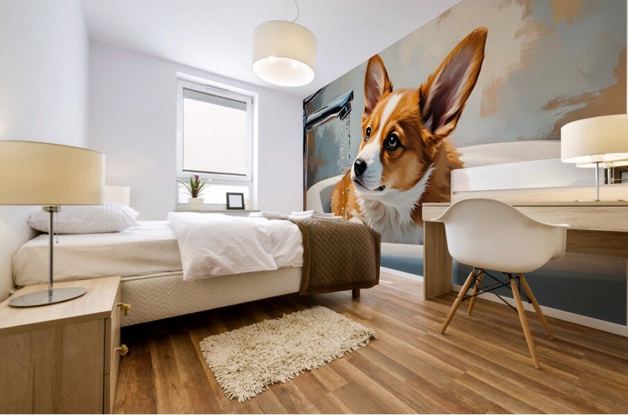 Nervous Corgi Puppy Waits In Bathroom Sink Mural print