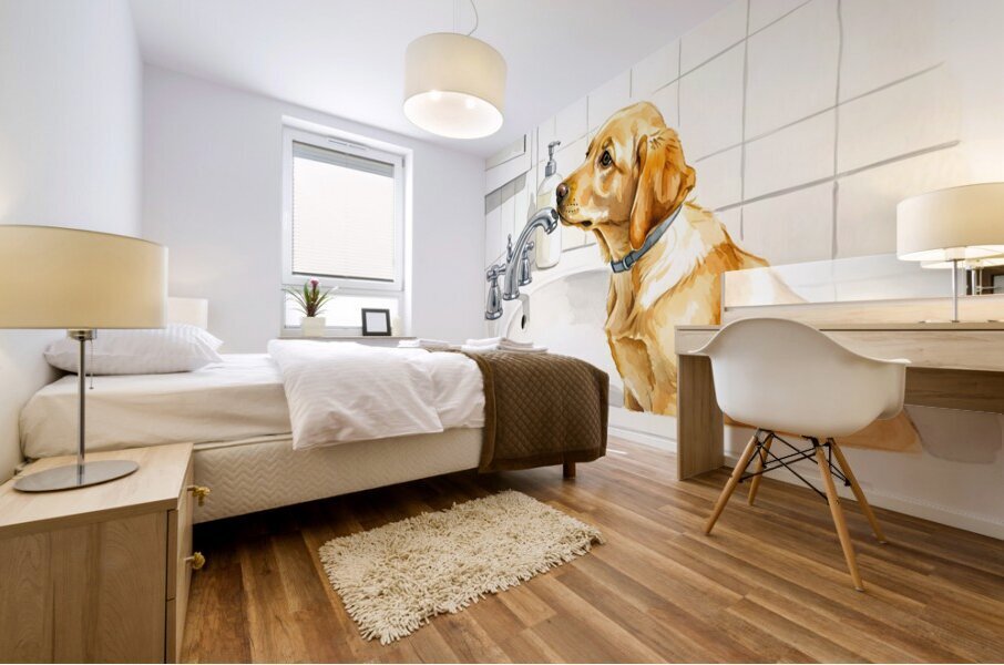 Worried Puppy Waits In Bathroom Sink Mural print