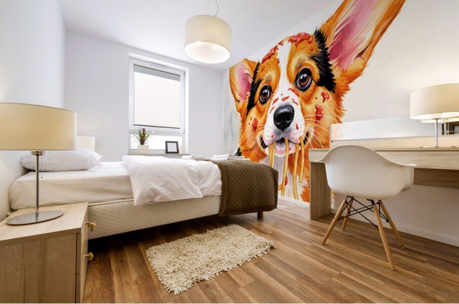 Satisfied Corgi Puppy After Spaghetti Meal Mural print