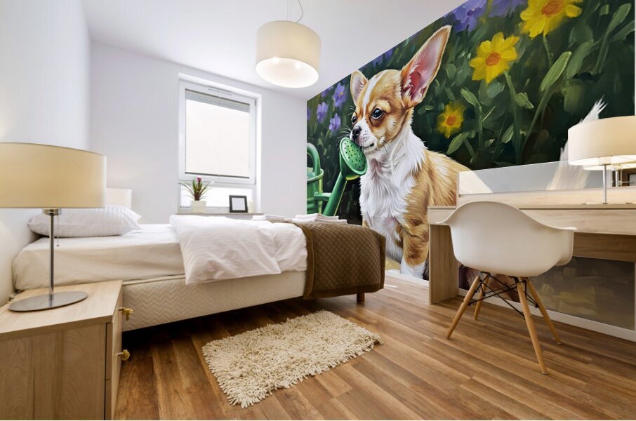 Chihuahua Puppy Discovers Garden Watering Can Mural print