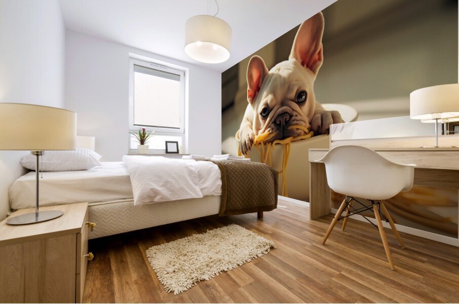 French Bulldog Puppy Discovers Spaghetti Bowl Mural print