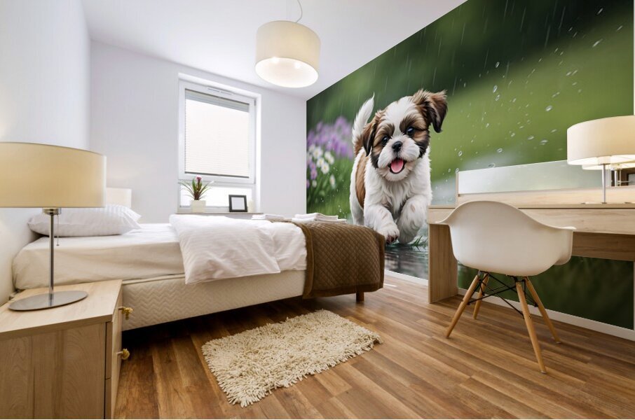 Happy Shih Tzu Puppy Enjoys Raindrop Adventure Mural print