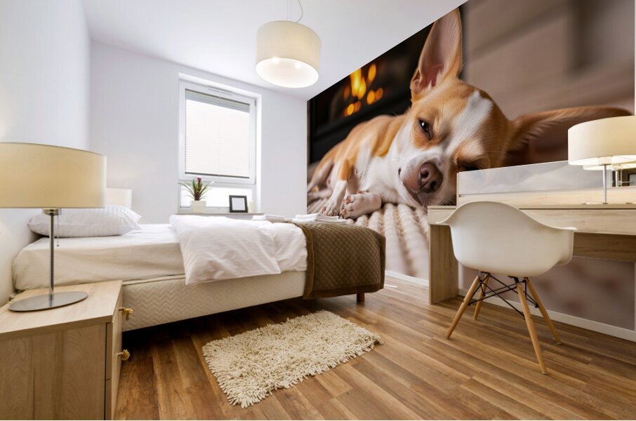 Chihuahua Puppy Falls Asleep By The Fire Mural print