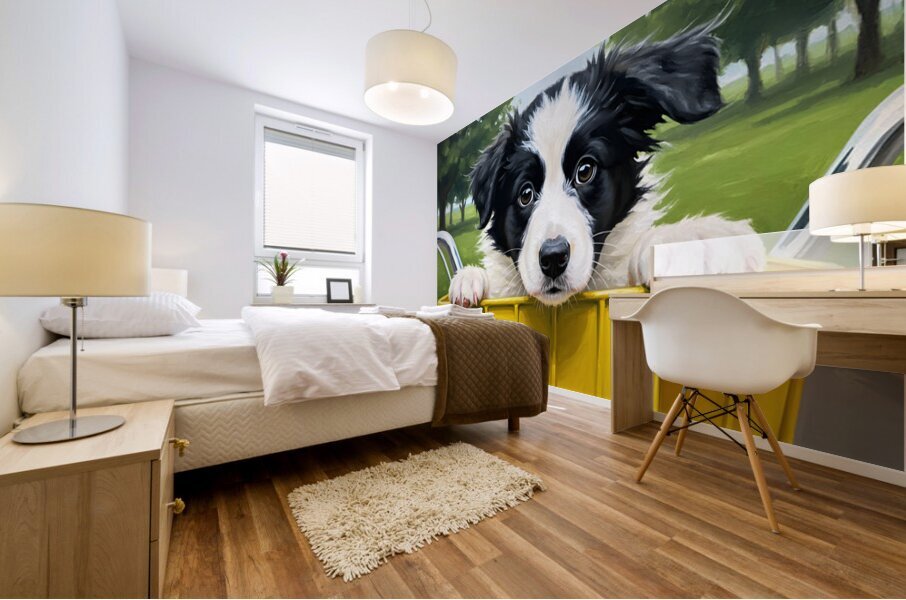 Border Collie Puppys First Bicycle Basket Adventure Begins Mural print