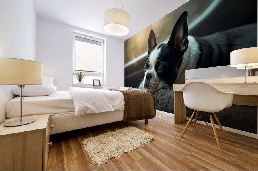 Boston Terrier Puppy Sees Sunshine After The Rain Mural print