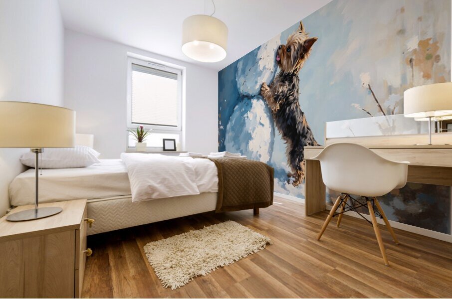 Yorkshire Terrier Puppy Discovers Winter Snowman Mural print