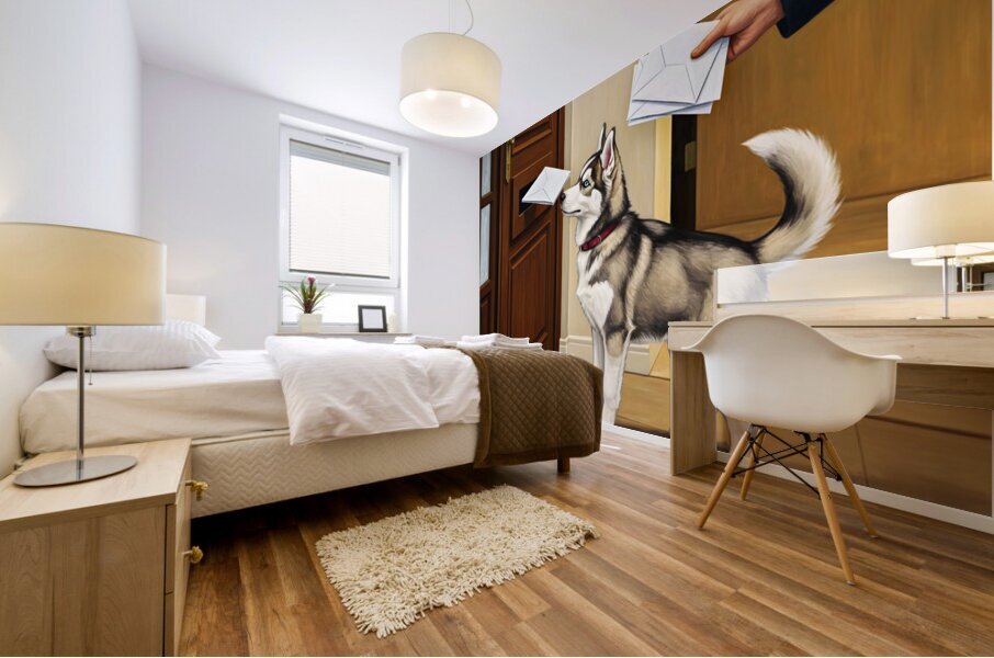 Curious Husky Puppy Discovers The Mail Slot Mural print