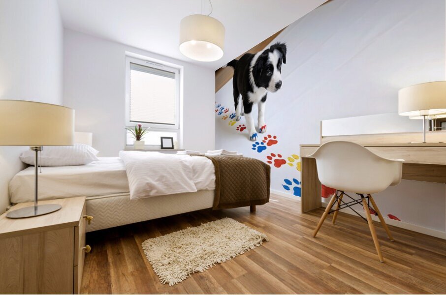Border Collie Puppy Proudly Shows Off Finished Paw Art Mural print