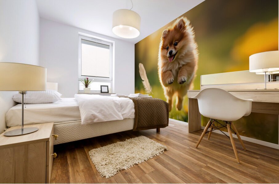 Feather Lands On Happy Pomeranian Puppy Mural print