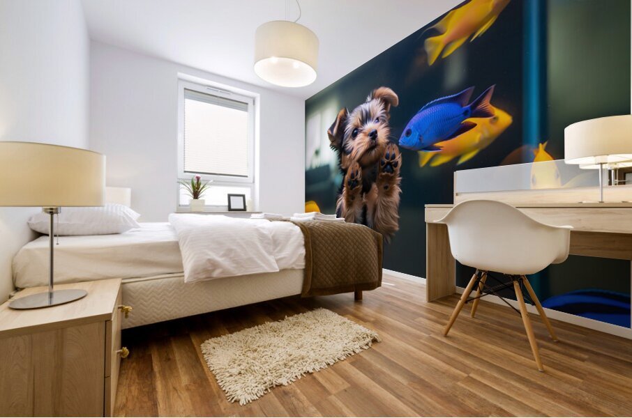 Yorkshire Terrier Puppy Discovers Amazing Aquarium World Mural print
