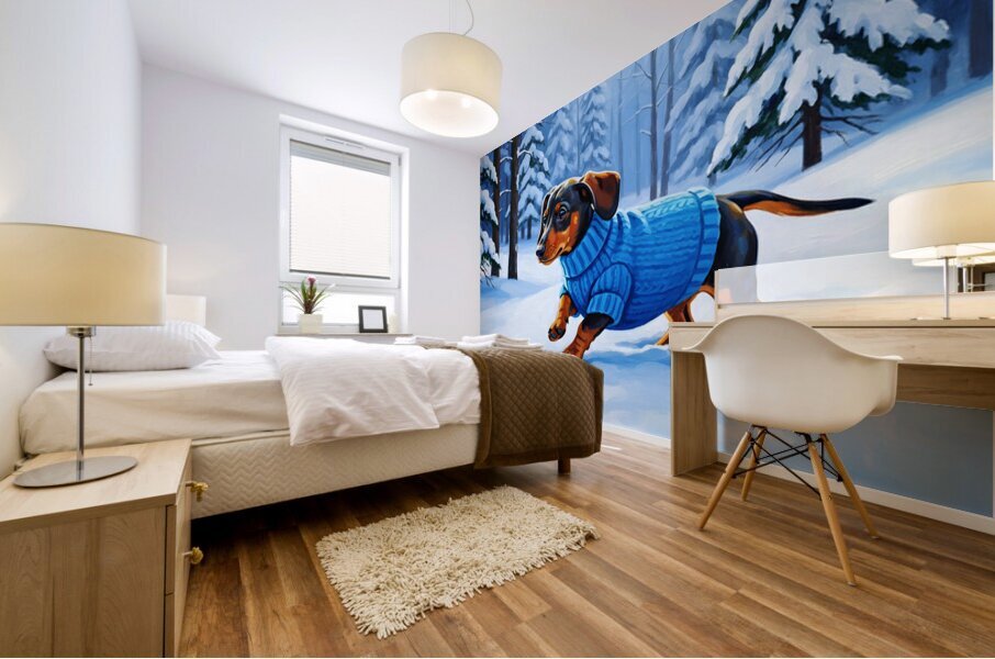 Dachshund Puppy Discovers Winter Snow In Red Sweater Mural print