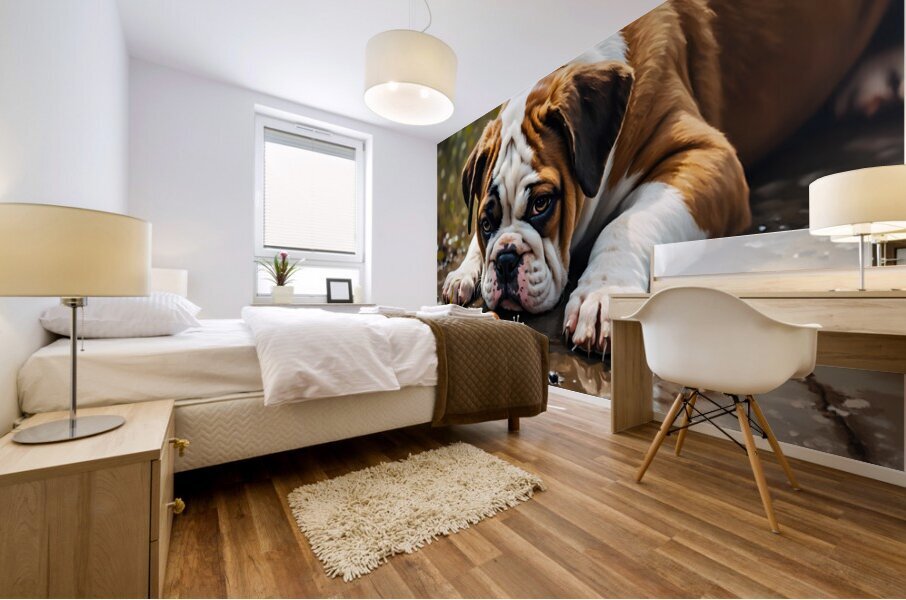 Protective Bulldog Puppy Shields Snail From Heavy Rain Mural print