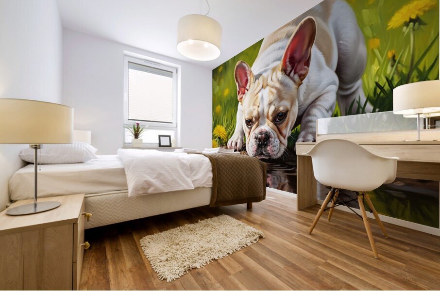 French Bulldog Puppy Discovers Reflection In Puddle Mural print
