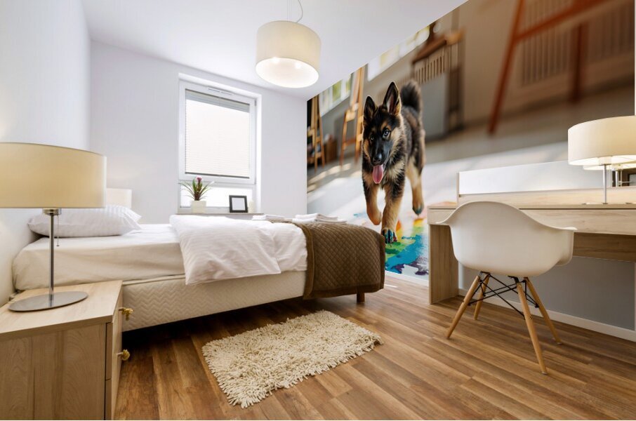 German Shepherd Puppy Discovers Colorful Paint Containers Mural print