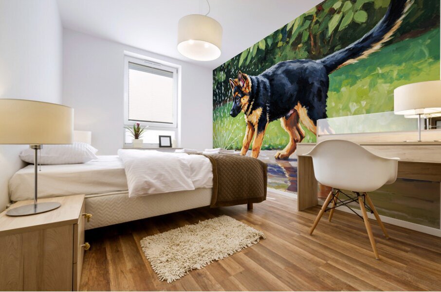 German Shepherd Puppy Discovers Backyard Sprinkler Mural print