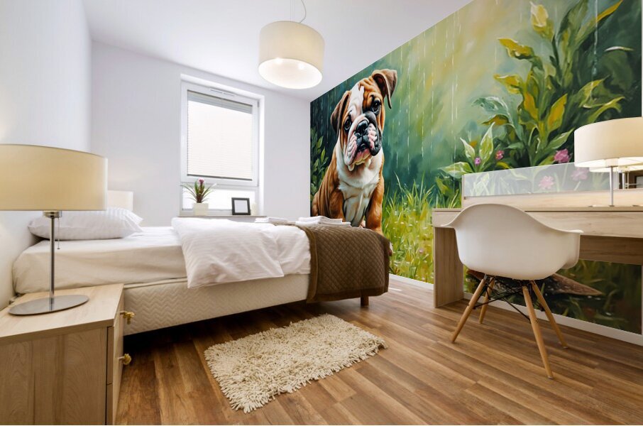 Bulldog Puppy Discovers Garden Snail On Rainy Day Mural print