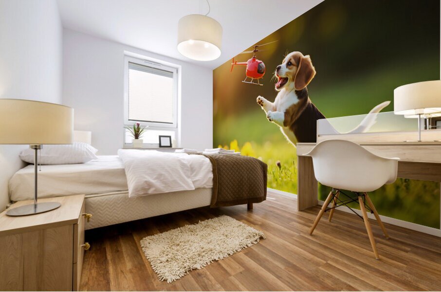 Beagle Puppy Discovers Flying Toy Mural print