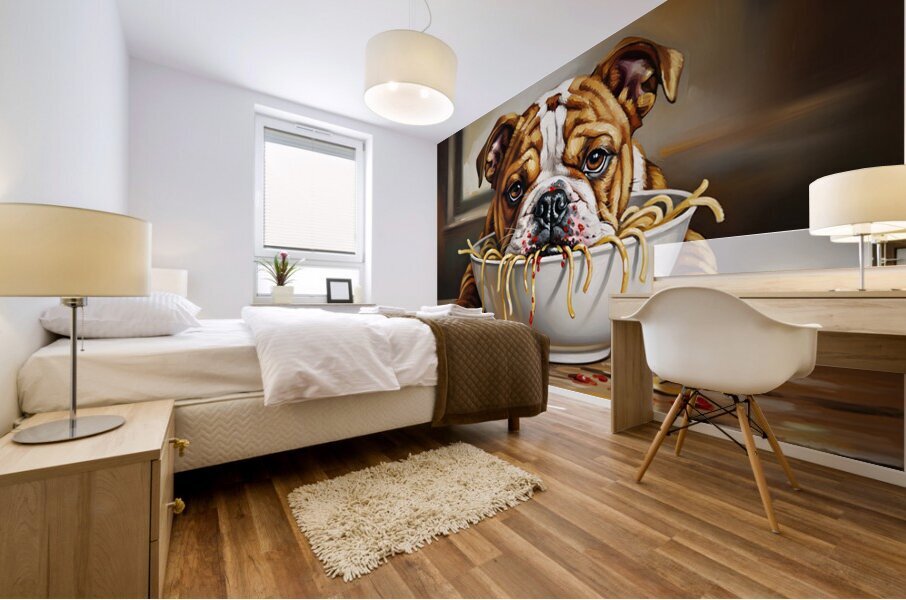 Bulldog Puppy Discovers Spaghetti Dinner Mural print