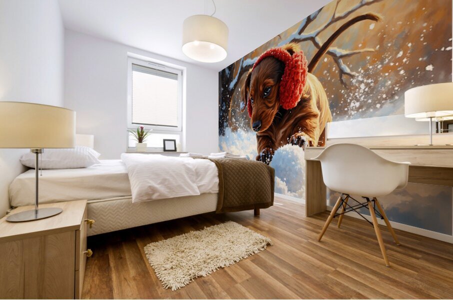 Dachshund Puppys First Snowy Adventure With Earmuffs Mural print