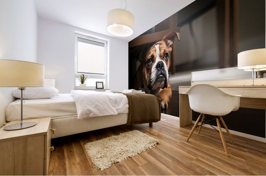 Brave Bulldog Puppy Feels Better Under Table Mural print
