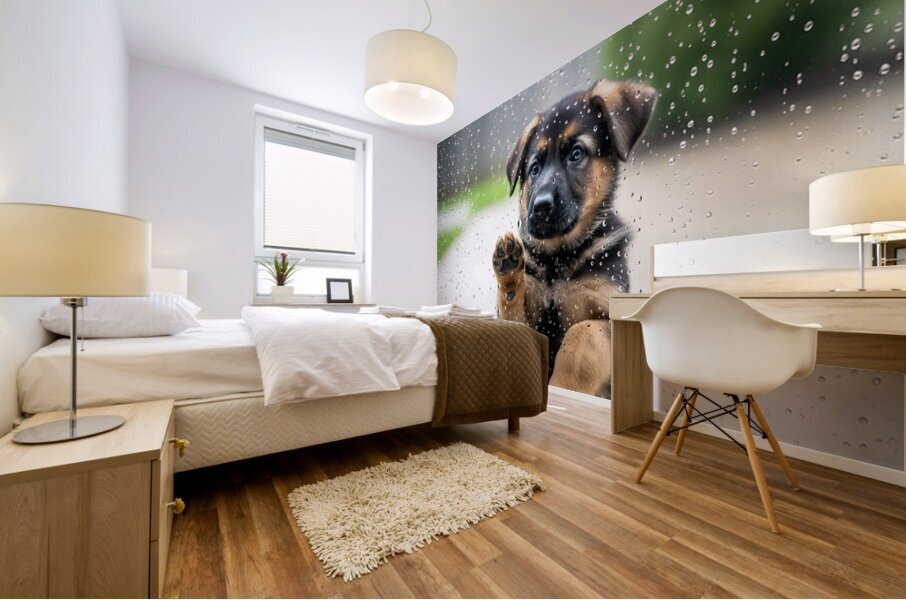 German Shepherd Puppy Discovers Raindrops On Glass Door Mural print