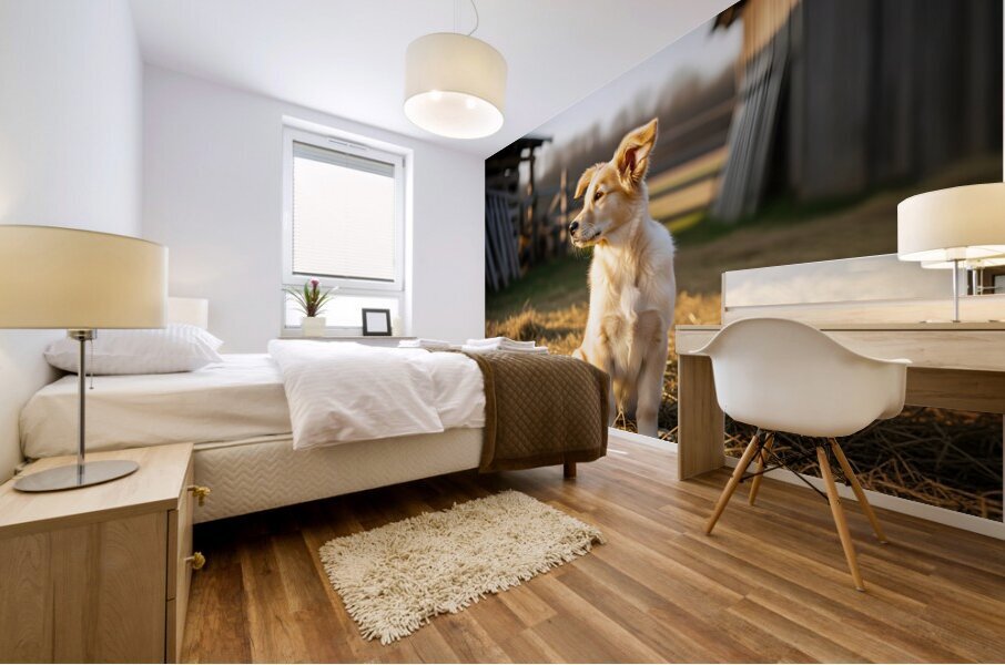 Sleepy Golden Retriever Puppy Rests In Cozy Haystack Mural print