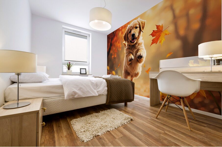 Golden Retriever Puppy Spots Dancing Autumn Leaves Mural print