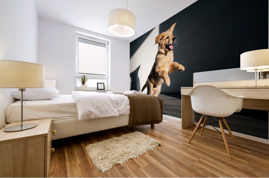 Golden Retriever Puppy Discovers Dancing Wall Shadows Mural print