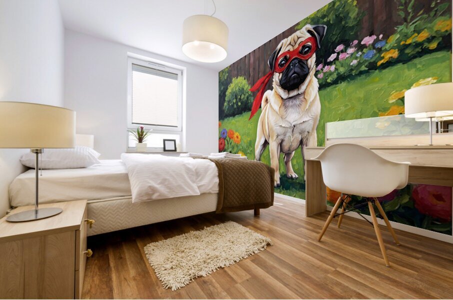 Pug Puppy Discovers His Superhero Mask Mural print