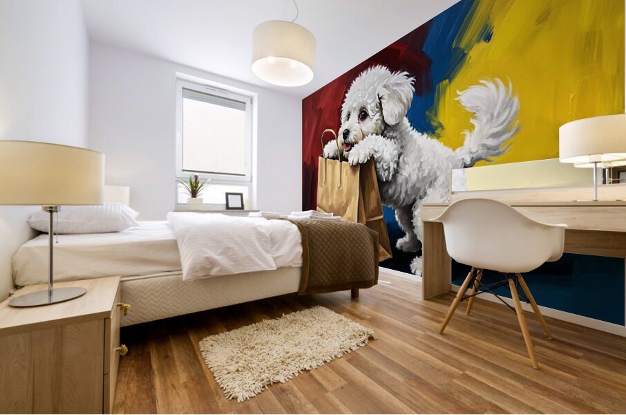 Bichon Frise Puppy Discovers Mysterious Shopping Bag Mural print