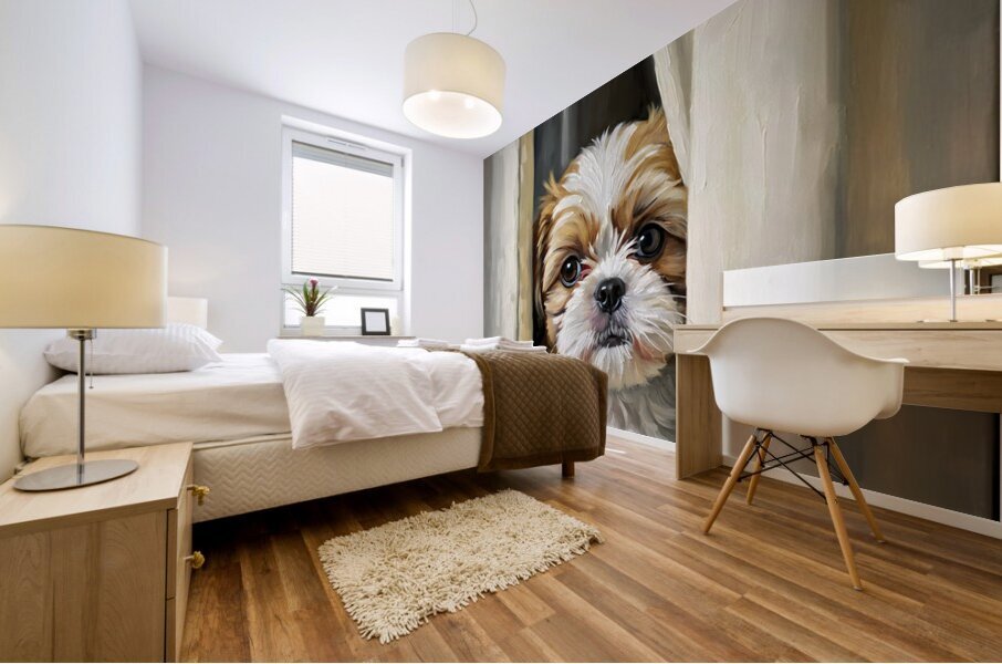 Shih Tzu Puppys Perfect Hiding Spot Behind Curtain Mural print