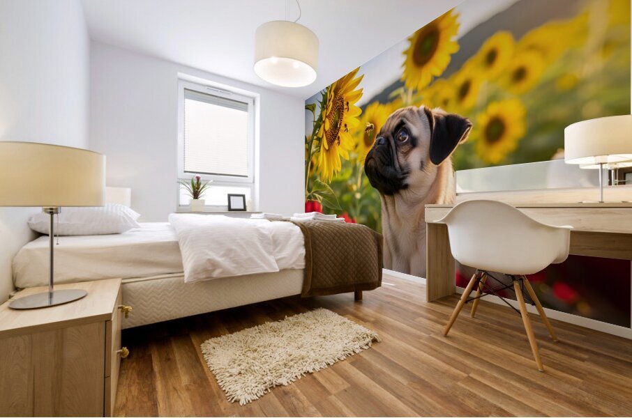 Pug Puppy Discovers Garden Bees Mural print