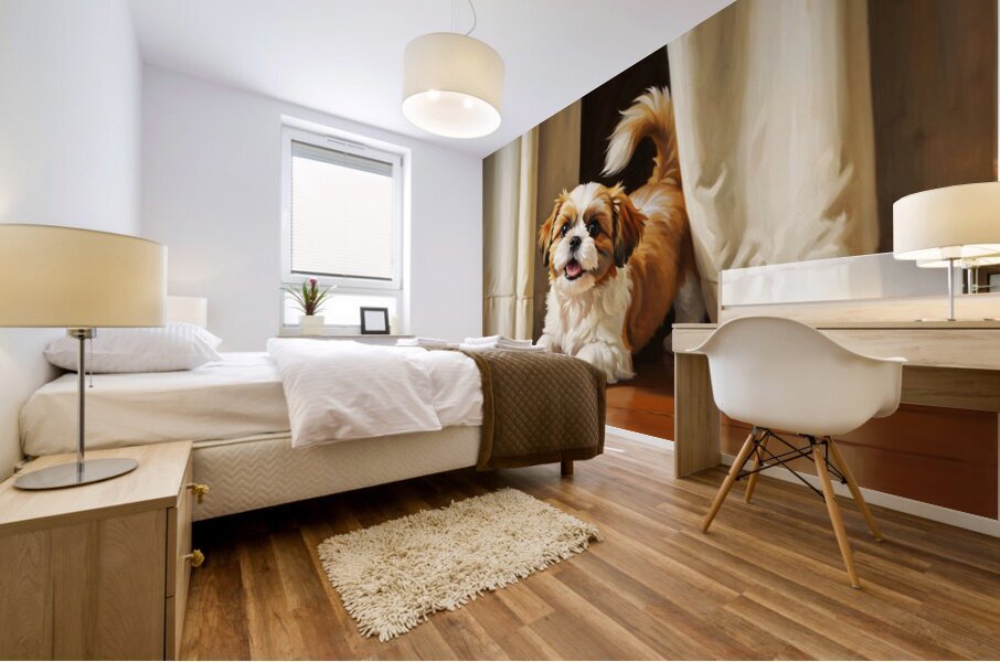 Happy Shih Tzu Puppy Ready To Play In Living Room Mural print