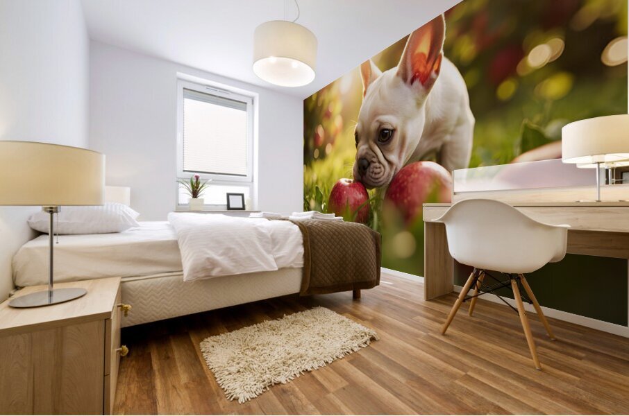 French Bulldog Puppy Discovers Apple Orchard Mural print