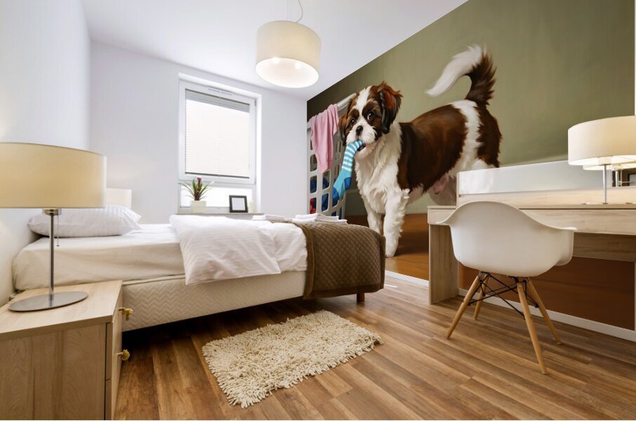 Playful Shih Tzu Puppy Escapes With Stolen Sock Mural print