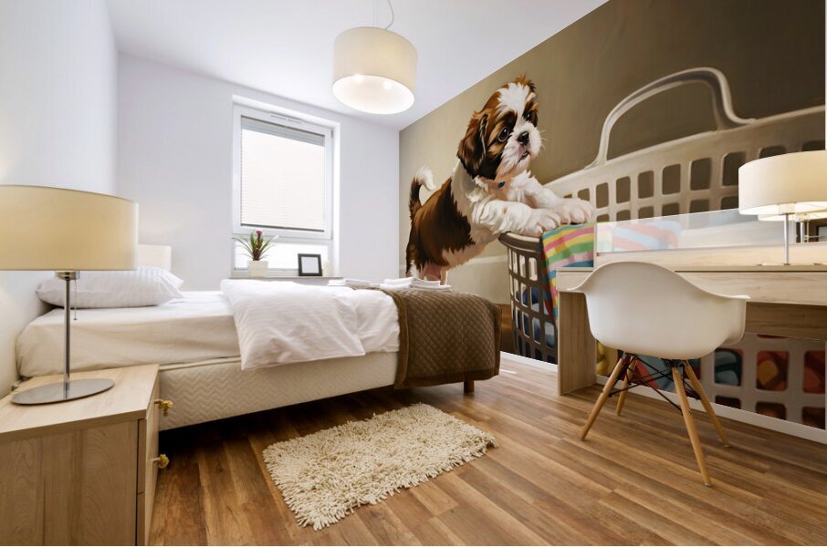 Shih Tzu Puppy Spots Tempting Sock In Laundry Basket Mural print