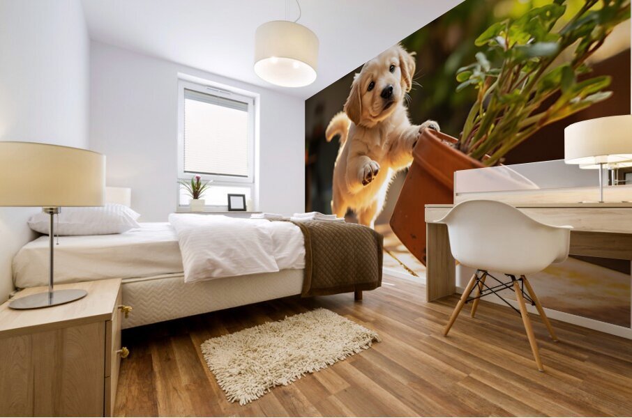 Golden Retriever Puppy Reaches For Plant Pot Mural print