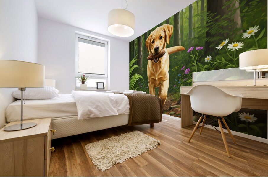 Happy Puppy Rests With Pinecone In Forest Shade Mural print