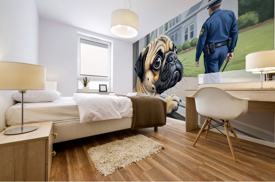 Pug Puppy Sits Proudly After Successful Guard Duty Mural print