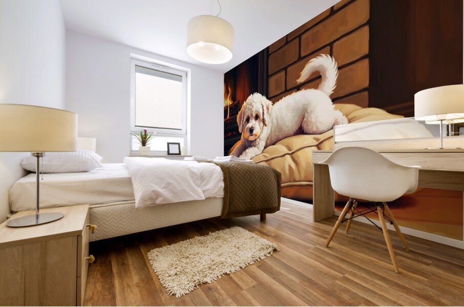 Bichon Frise Puppy Finds Perfect Fireplace Spot Mural print