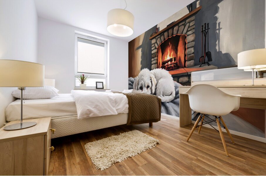 Bichon Frise Puppy Dreams By The Fireplace Mural print