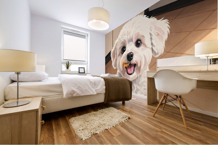 Happy Bichon Frise Puppy After Peanut Butter Treat Mural print