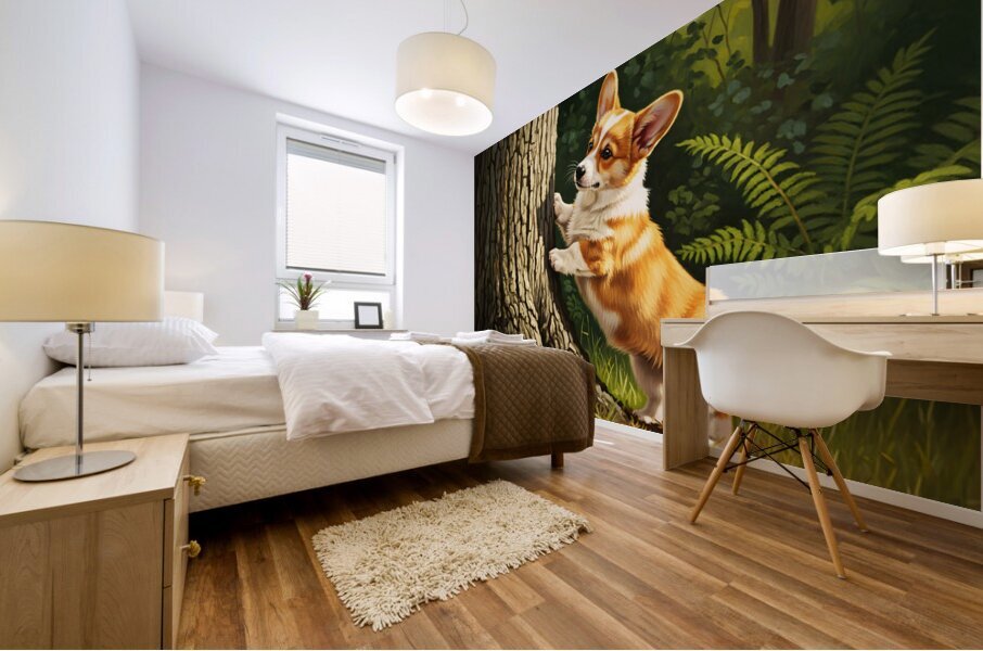 Corgi Puppy Spots Squirrel At Tree Base Mural print