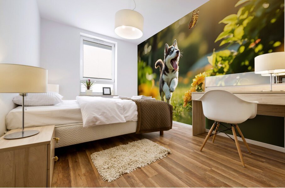 Husky Puppy Spots A Beautiful Butterfly In Garden Mural print