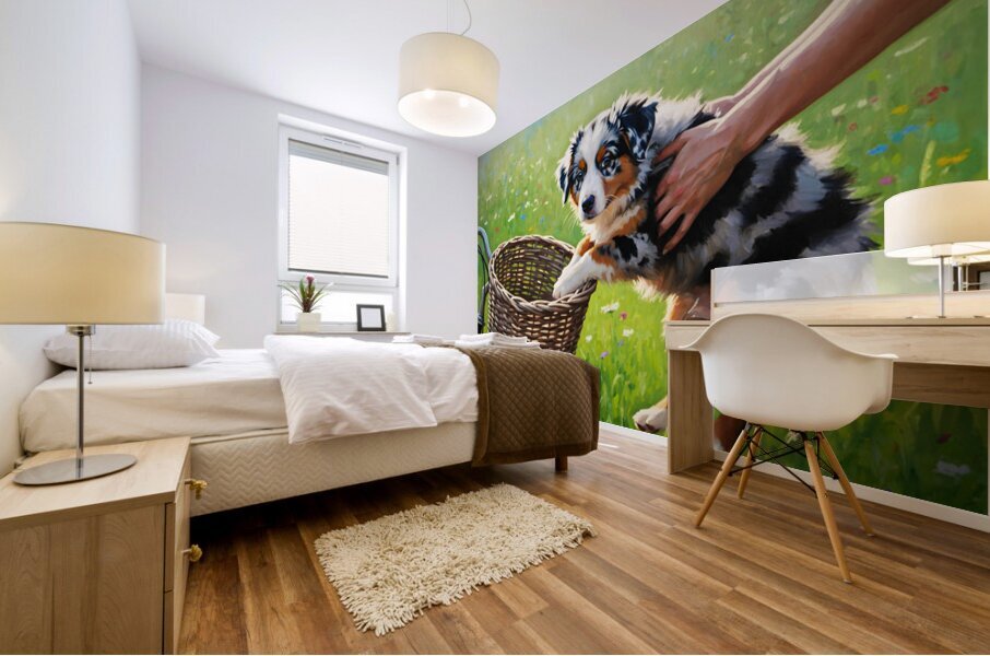 Australian Shepherd Puppy Discovers Bicycle Basket Adventure Mural print