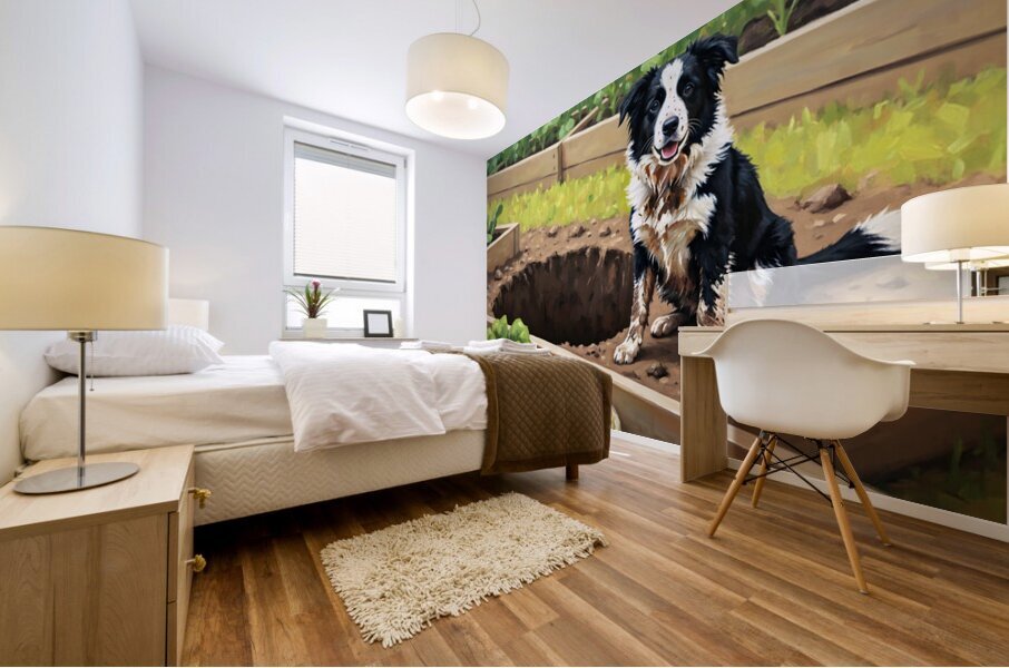 Guilty Border Collie Puppy Realizes Garden Mess Mural print